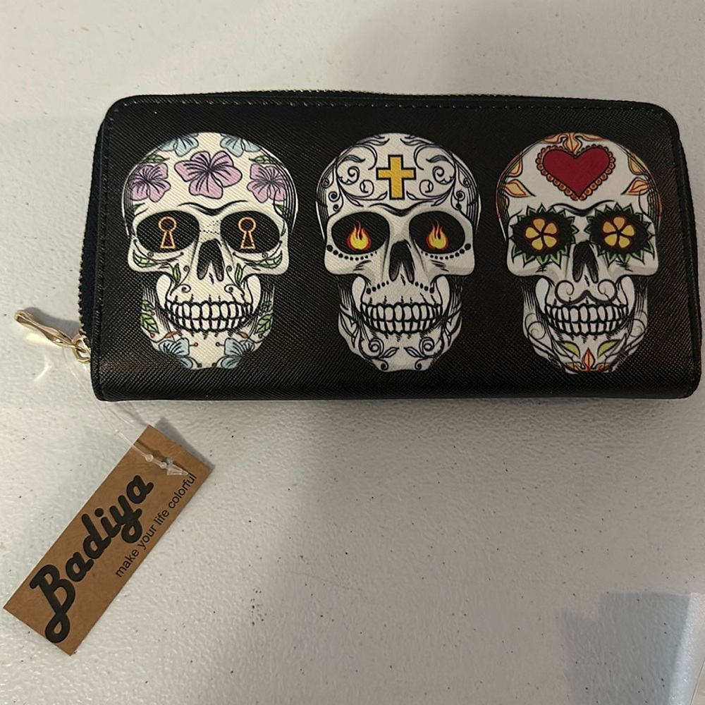 Badiya Wallet Day Of The Dead Sugar Skull Dia de los Muertos Zip Card Slots